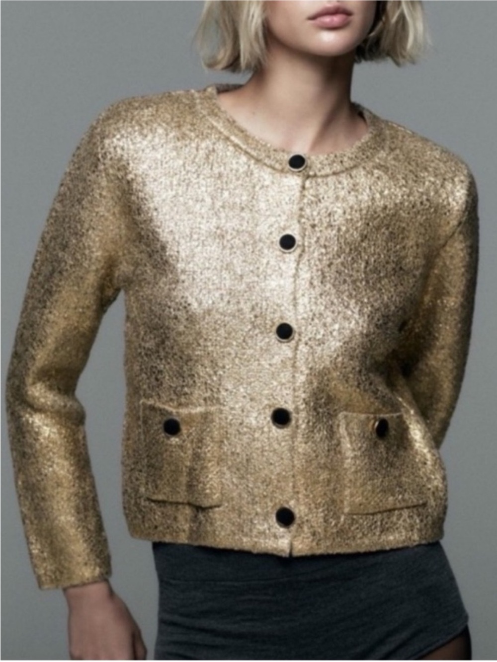 ZARA Women’s Foil  Gold Metallic Knit Button Front Cardigan w/ Pockets Size S